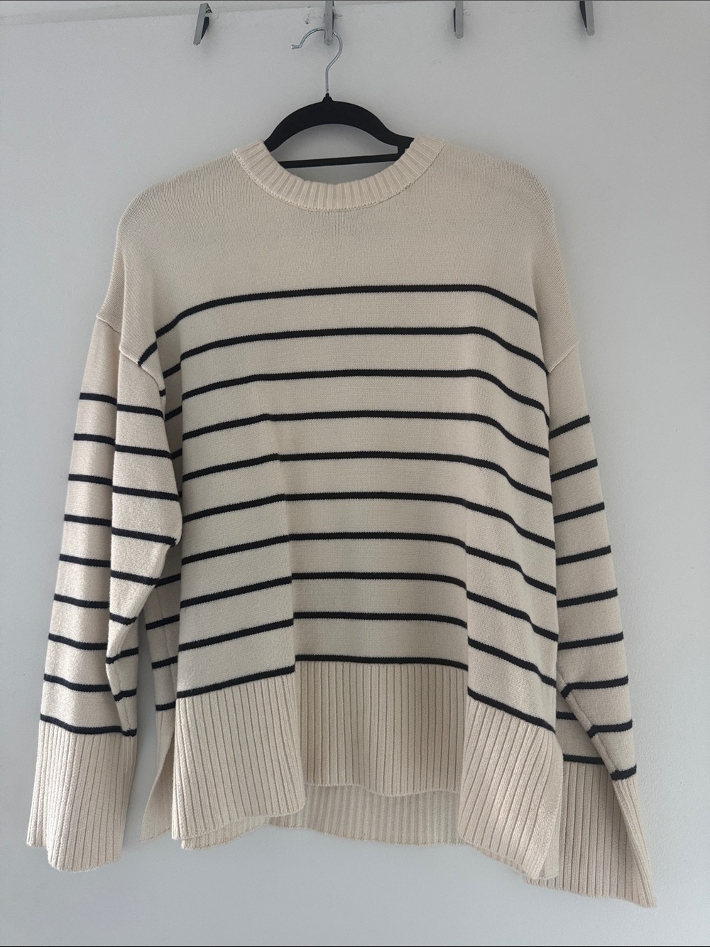 Zara Cream Crewneck Sweater with Black Stripes